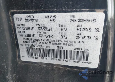 1997 Dodge Ram 1500 St from USA, damaged, VIN 3B7HF13Z0VG801256